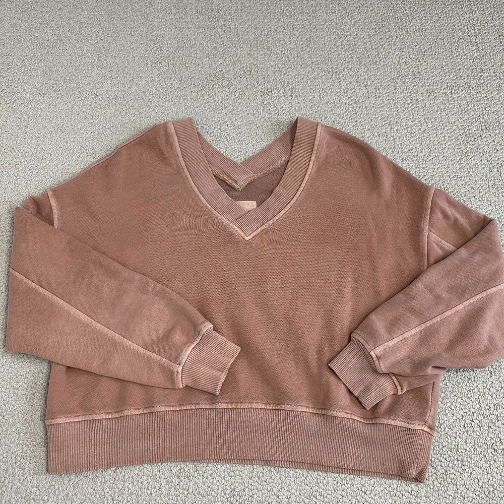Aerie‎ House Party Sweatshirt Size S Oversized V Neck Cropped Slouchy Tan